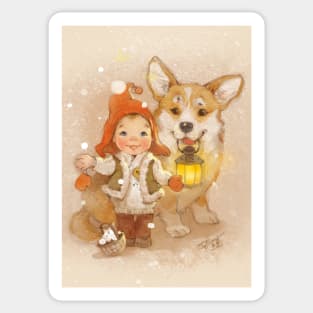 Gnome and corgi. Merry christmas. Sticker